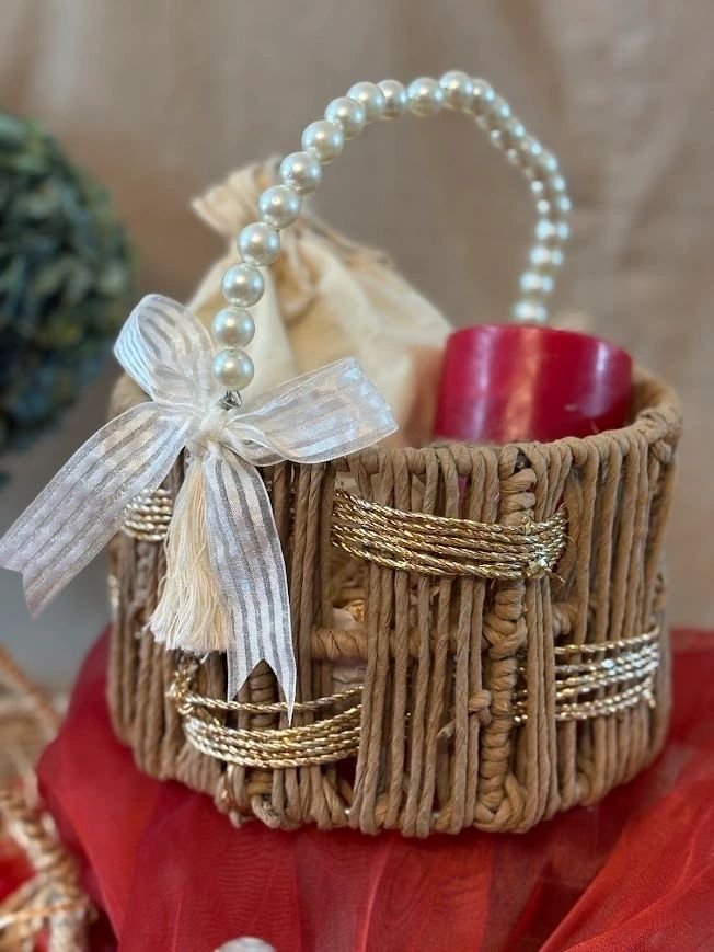 Hand Woven Basket with Pearl Handle - TheBFactory